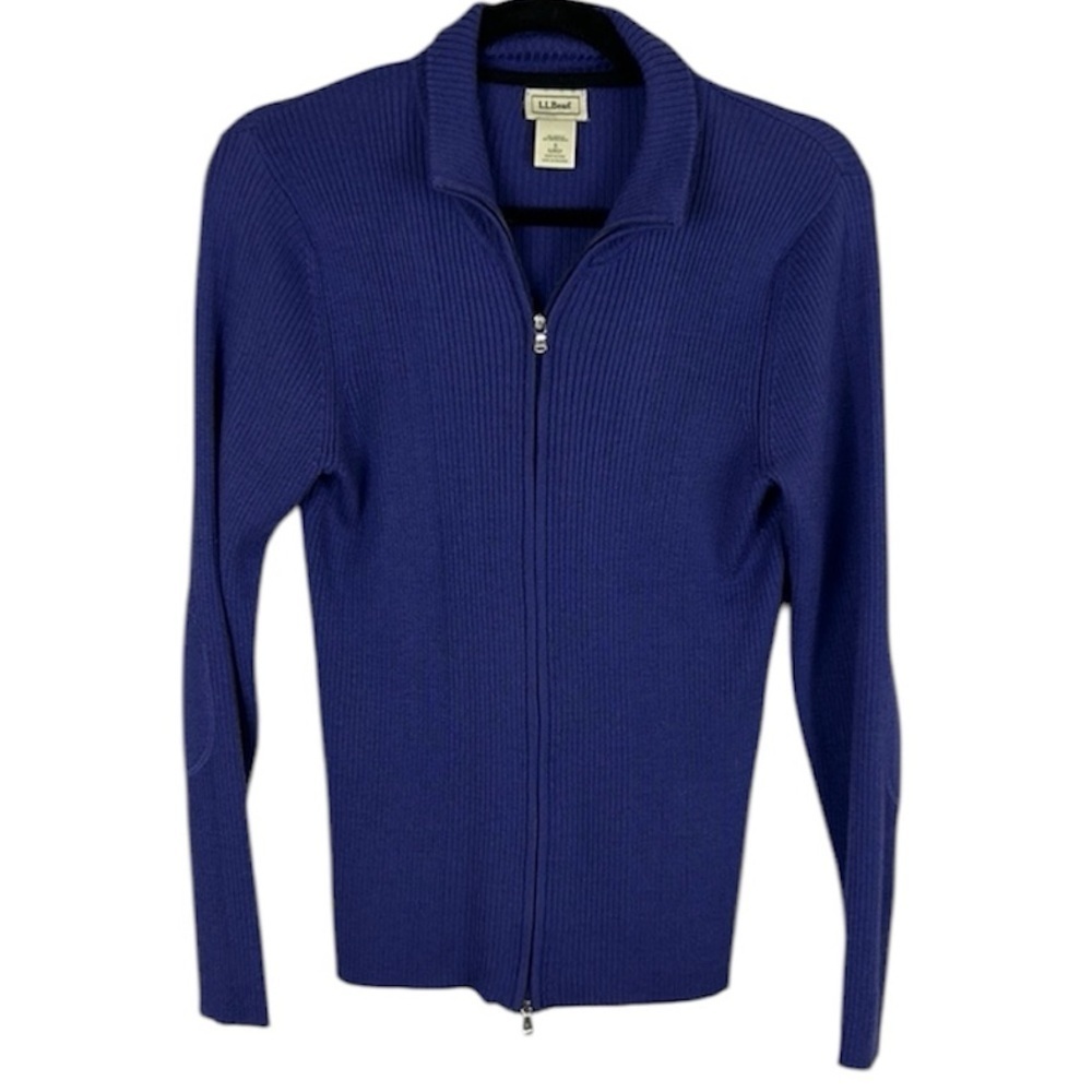 L.L. Bean Merino Wool Blend Full Zip Ribbed Knit Cardigan Sweater Small Purple